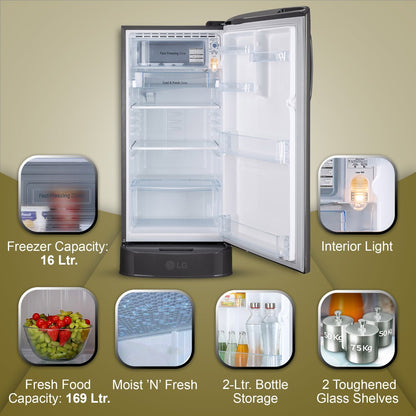 LG 185 L Direct Cool Single Door 3 Star Refrigerator with Base Drawer  with Moist 'N' Fresh - Shiny Steel, GL-D201APZD