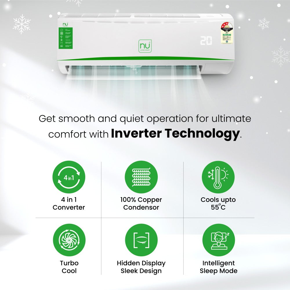 NU 1 Ton 3 Star Split Inverter AC  - White - NUAC103SCIA, Copper Condenser