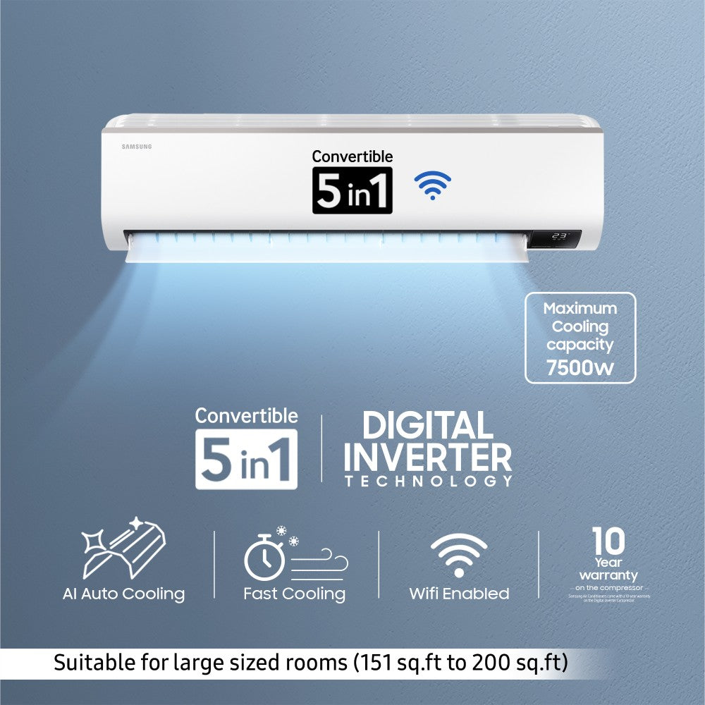 SAMSUNG Convertible 5-in-1 Cooling 2023 Model 2 Ton 3 Star Split Inverter AC with Wi-fi Connect  - White - AR24CYLZABE/AR24CYLZABENNA/AR24CYLZABEXNA, Copper Condenser