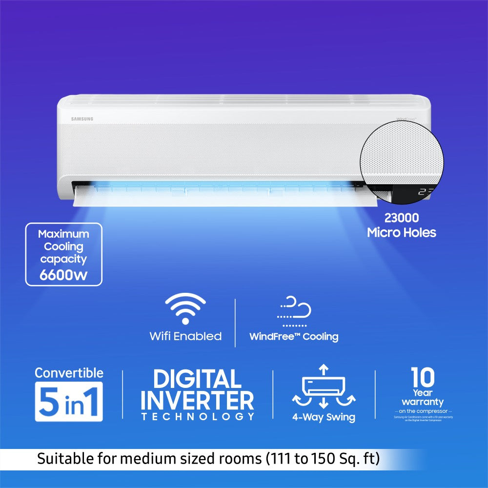 SAMSUNG Convertible 5-in-1 Cooling 2023 Model 1.5 Ton 5 Star Split Inverter Wind Free AC with Wi-fi Connect  - White - AR18CYNANWK/AR18CYNANWKNNA/AR18CYNANWKXNA, Copper Condenser