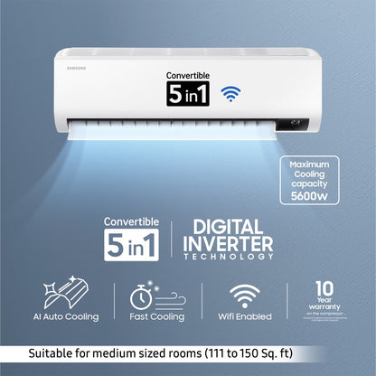 SAMSUNG Convertible 5-in-1 Cooling 2023 Model 1.5 Ton 3 Star Split Inverter AC with Wi-fi Connect  - White - AR18CYLZAWK/AR18CYLZAWKNNA/AR18CYLZAWKXNA, Copper Condenser