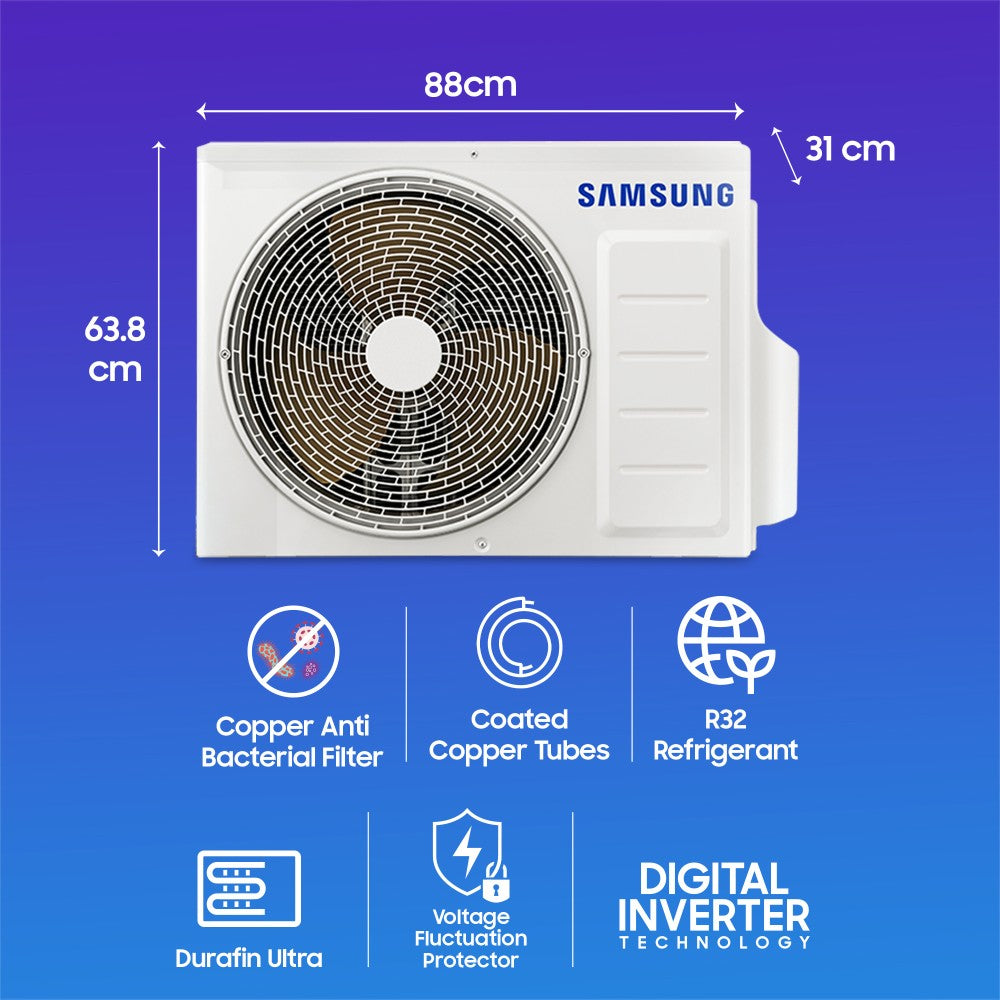 SAMSUNG Convertible 5-in-1 Cooling 2023 Model 1.5 Ton 5 Star Split Inverter Wind Free AC with Wi-fi Connect  - White - AR18CYNANWK/AR18CYNANWKNNA/AR18CYNANWKXNA, Copper Condenser