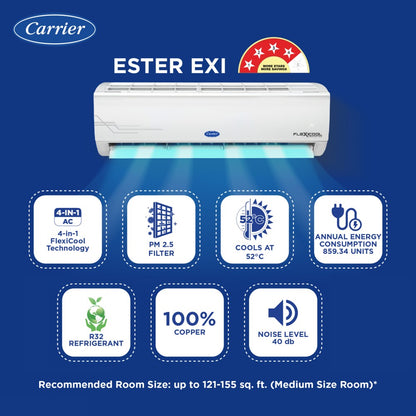 CARRIER 1.5 टन 4 स्टार स्प्लिट इन्वर्टर एसी - सफ़ेद - CAI18ES4R33F0, कॉपर कंडेंसर