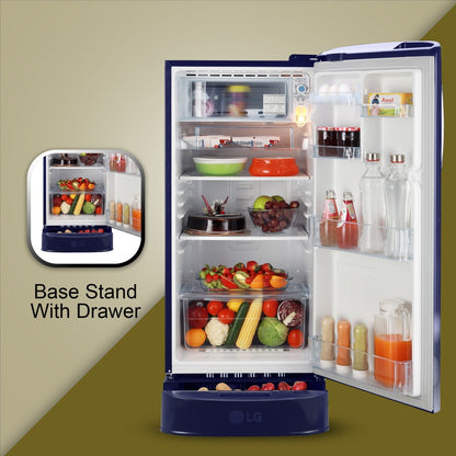 LG 185 L Direct Cool Single Door 5 Star Refrigerator with Base Drawer  with Smart Inverter Compressor, Fast Ice Making - Blue Charm, GL-D201ABCU