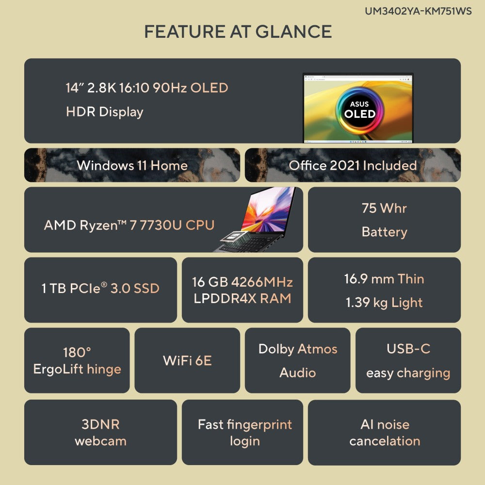 ASUS ज़ेनबुक 14 OLED (2023) रायज़ेन 7 ऑक्टा कोर 7730U - (16 जीबी/1 टीबी एसएसडी/विंडोज 11 होम) UM3402YA-KM751WS पतला और हल्का लैपटॉप - 14 इंच, जेड ब्लैक, 1.39 किलोग्राम, एमएस ऑफिस के साथ