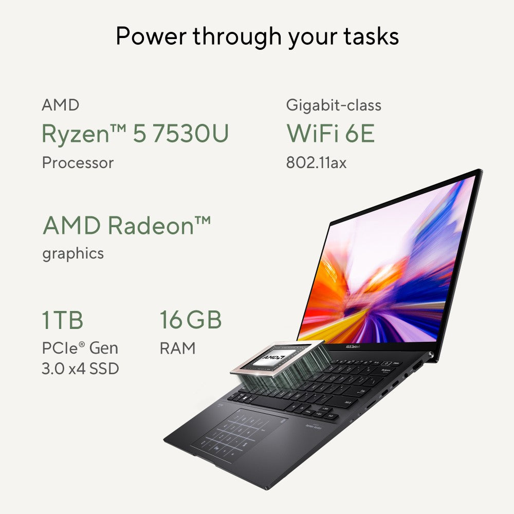 Asus Zenbook 14 OLED (2023) Ryzen 5 Hexa Core 7530U - (16 GB/1 TB SSD/Windows 11 Home) UM3402YA-KM551WS पतला और हल्का लैपटॉप - 14 इंच, जेड ब्लैक, 1.39 Kg, MS Office के साथ