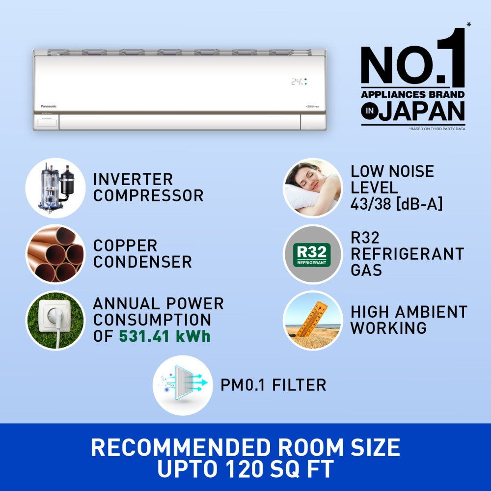 Panasonic Convertible 7-in-1 with Additional AI Mode Cooling 2023 Model 1 Ton 5 Star Split Inverter with 4 Way Swing, nanoe-X Air Purification Technology AC with Wi-fi Connect  - White - CS/CU-HU12ZKYF, Copper Condenser