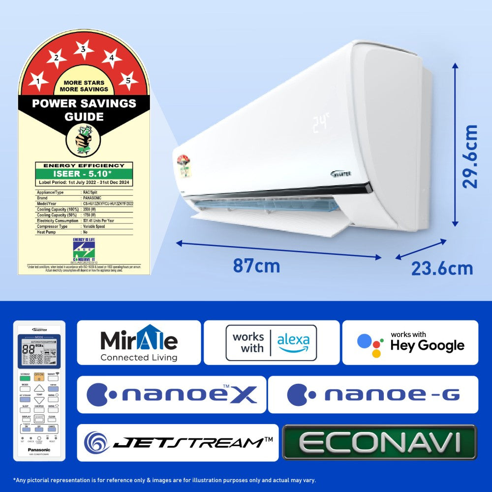 Panasonic Convertible 7-in-1 with Additional AI Mode Cooling 2023 Model 1 Ton 5 Star Split Inverter with 4 Way Swing, nanoe-X Air Purification Technology AC with Wi-fi Connect  - White - CS/CU-HU12ZKYF, Copper Condenser