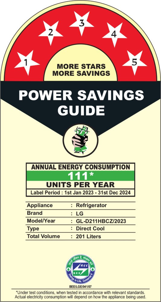 LG 201 L डायरेक्ट कूल सिंगल डोर 5 स्टार रेफ्रिजरेटर बेस ड्रावर के साथ स्मार्ट इन्वर्टर कंप्रेसर, फास्ट आइस मेकिंग - ब्लू चार्म, GL-D211HBCZ