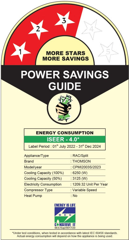 Thomson 2 Ton 3 Star Split Inverter AC  - White - CPMI2003S, Copper Condenser
