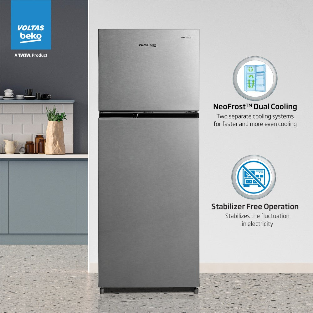 Voltas Beko 248 L फ्रॉस्ट फ्री डबल डोर 2 स्टार रेफ्रिजरेटर - ब्रश्ड सिल्वर, RFF285D / W0XIR0I0000GO