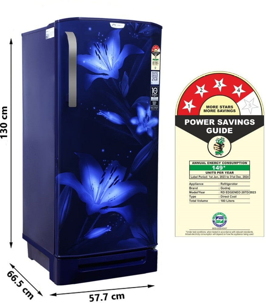 Godrej 180 L Direct Cool Single Door 4 Star Refrigerator with Base Drawer - Blush Blue, RD EDGENEO 207D TDF BH BL