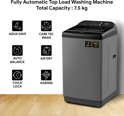 Acer 7.5 kg Halo Wash Series with AiSense, 5 Star Rating, AutoBalance, HelixFlow Pulsator, Pro-Foam Tub Fully Automatic Top Load Washing Machine Black, Grey - AR75FATLP1GT