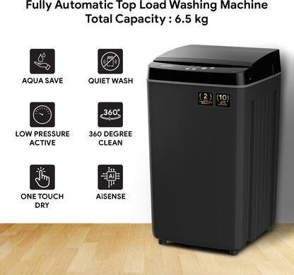 ग्लास ढक्कन के साथ एसर 6.5 किलो हेलो वॉश सीरीज़, 5 स्टार रेटिंग, एआईसेंस, ऑटोबैलेंस, हेक्स-फिन जेट पल्सेटर, स्विर्लवॉश टब फुली ऑटोमैटिक टॉप लोड वॉशिंग मशीन ब्लैक, ग्रे - AR65FATLP0GT