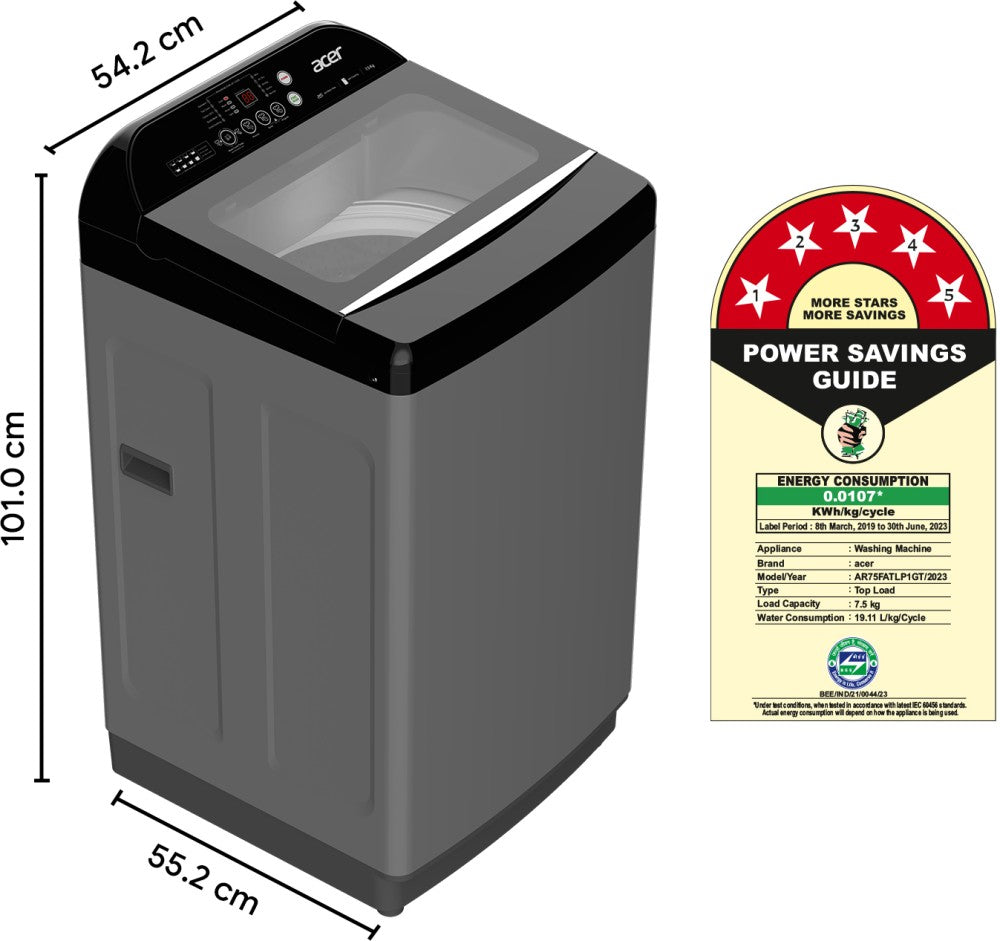 Acer 7.5 kg Halo Wash Series with AiSense, 5 Star Rating, AutoBalance, HelixFlow Pulsator, Pro-Foam Tub Fully Automatic Top Load Washing Machine Black, Grey - AR75FATLP1GT