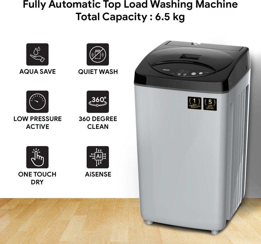 एसर 6.5 किलो क्वाड वॉश सीरीज़, एआईसेंस, 5 स्टार रेटिंग, ऑटोबैलेंस, हेक्स-फिन जेट पल्सेटर, स्विर्लवॉश टब, पूरी तरह से स्वचालित टॉप लोड वॉशिंग मशीन ब्लैक, ग्रे - AR65FATLP0EC