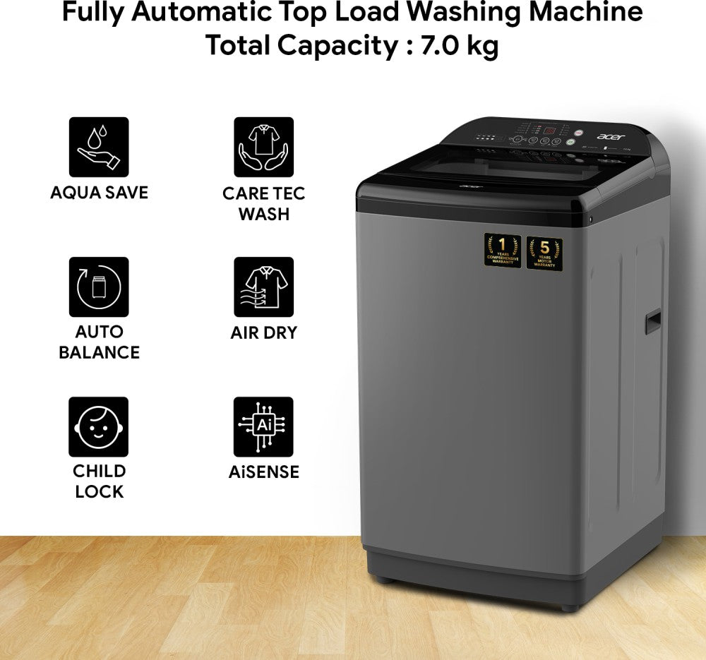 Acer 7 kg Quad Wash Series with AiSense, 5 Star Rating, AutoBalance, HelixFlow Pulsator, Pro-Foam Fully Automatic Top Load Washing Machine Black, Grey - AR70FATLP1EC