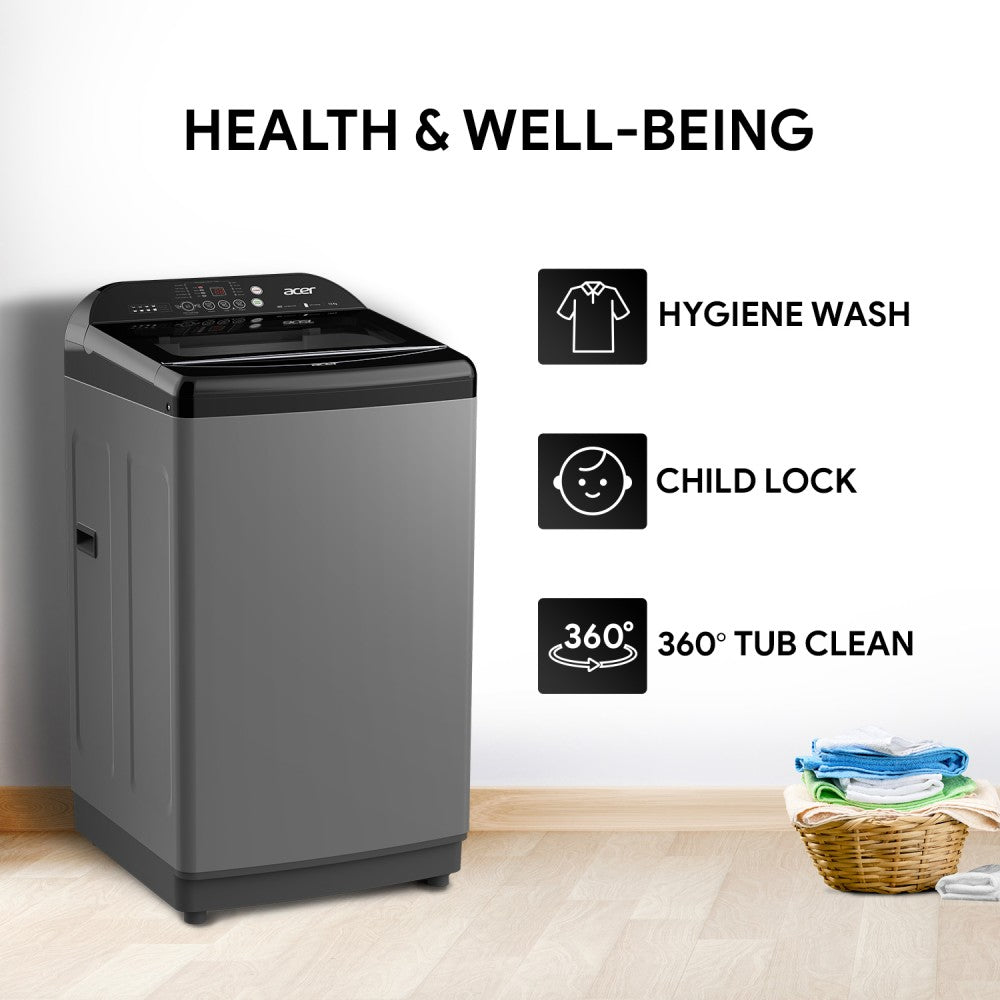 Acer 7.5 kg Halo Wash Series with AiSense, 5 Star Rating, AutoBalance, HelixFlow Pulsator, Pro-Foam Tub Fully Automatic Top Load Washing Machine Black, Grey - AR75FATLP1GT