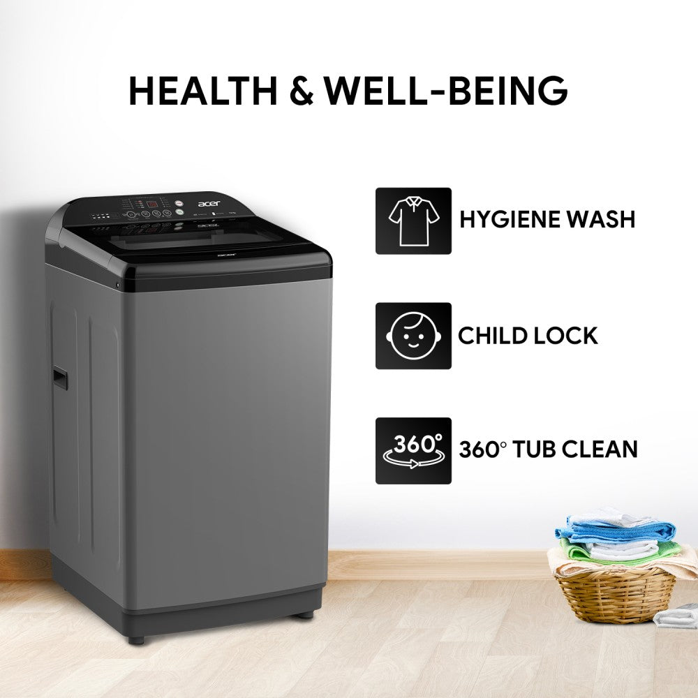 Acer 7 kg Quad Wash Series with AiSense, 5 Star Rating, AutoBalance, HelixFlow Pulsator, Pro-Foam Fully Automatic Top Load Washing Machine Black, Grey - AR70FATLP1EC