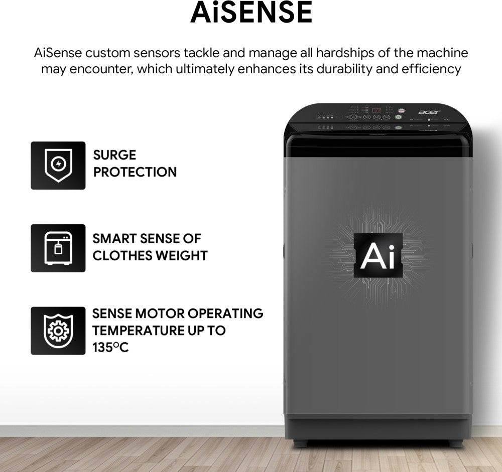 Acer 7 kg Quad Wash Series with AiSense, 5 Star Rating, AutoBalance, HelixFlow Pulsator, Pro-Foam Fully Automatic Top Load Washing Machine Black, Grey - AR70FATLP1EC