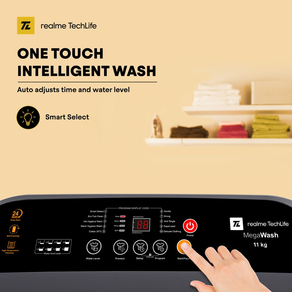 realme TechLife 11 kg MegaWash Range Fully Automatic Top Load Washing Machine with In-built Heater Black, Grey - RMTL1105NHNHG