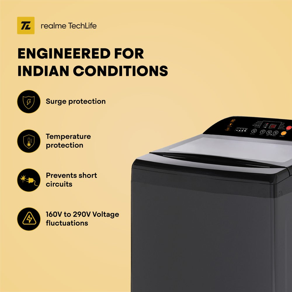 realme TechLife 11 kg MegaWash Range Fully Automatic Top Load Washing Machine with In-built Heater Black, Grey - RMTL1105NHNHG