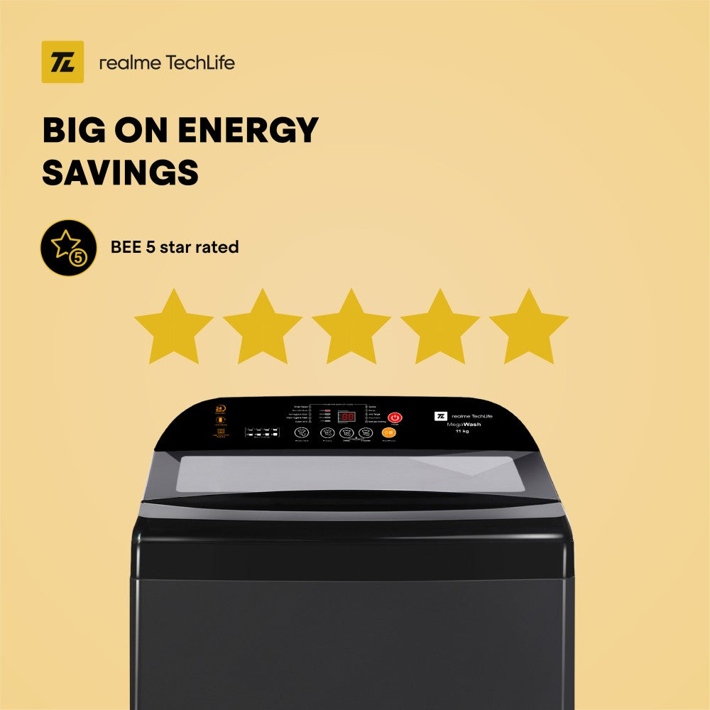 realme TechLife 11 kg MegaWash Range Fully Automatic Top Load Washing Machine with In-built Heater Black, Grey - RMTL1105NHNHG