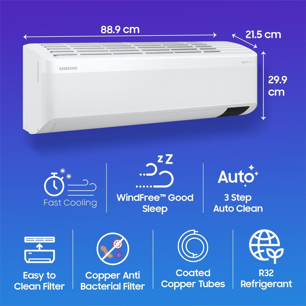 SAMSUNG 1.5 Ton 4 Star Split Inverter AC  - White - AR18CY4ARWK/AR18CY4ARWKNNA/AR18CY4ARWKXNA, Copper Condenser