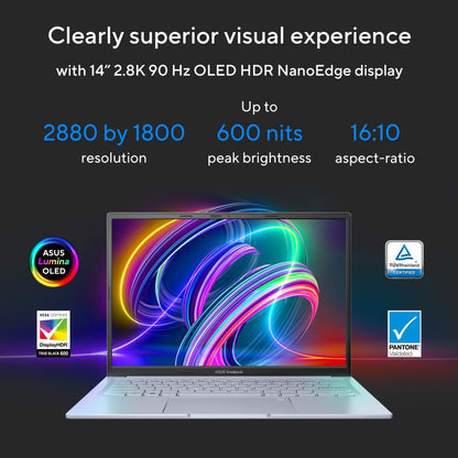 ASUS Vivobook 14X OLED (2023) Intel H-Series Core i5 13th Gen - (16 GB/512 GB SSD/Windows 11 Home/4 GB ग्राफ़िक्स/NVIDIA GeForce RTX 2050/90 Hz) K3405VFB-KM542WS क्रिएटर लैपटॉप - 14 इंच, कूल चांदी, 1.40 किग्रा, एमएस ऑफिस के साथ