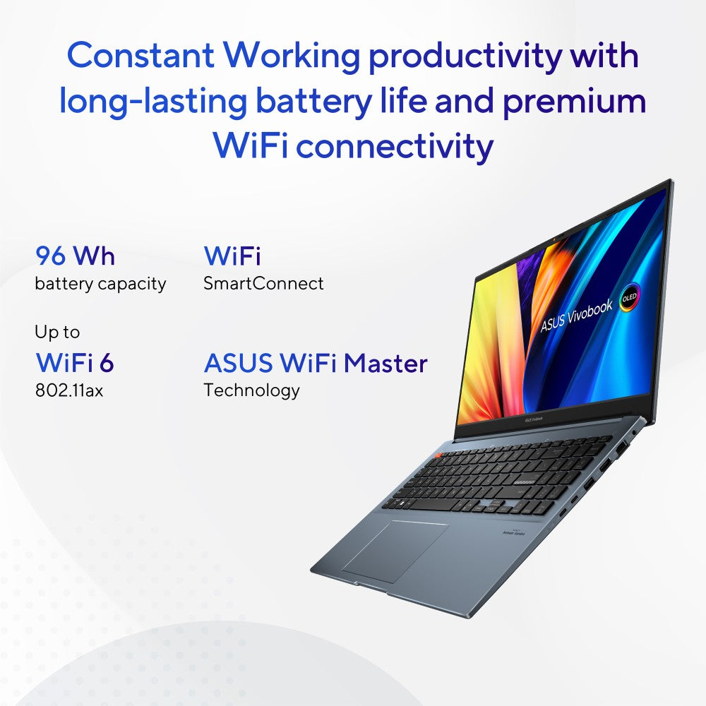 Asus Vivobook Pro 16 OLED (2023) 96WHr बैटरी के साथ Intel H-Series Core i9 13th Gen - (16GB/1 TB SSD/Windows 11 Home/6 GB ग्राफ़िक्स/NVIDIA GeForce RTX 4050/120 Hz) K6602VU-LZ951WS क्रिएटर लैपटॉप - 16 इंच, शांत नीला, 1.90 किग्रा, एमएस ऑफिस के साथ