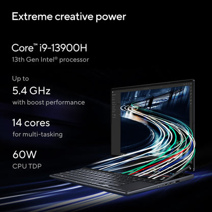 Asus Zenbook Pro 14 Duo OLED (2023) 76WHr बैटरी के साथ Intel H-सीरीज़ Core i9 13th Gen - (32GB/1 TB SSD/Windows 11 Home/6 GB ग्राफ़िक्स/NVIDIA GeForce RTX 4050/120 Hz) UX8402VU-MZ961WS गेमिंग लैपटॉप - 14.5 इंच, टेक ब्लैक, 1.75 किग्रा, एमएस ऑफिस के साथ