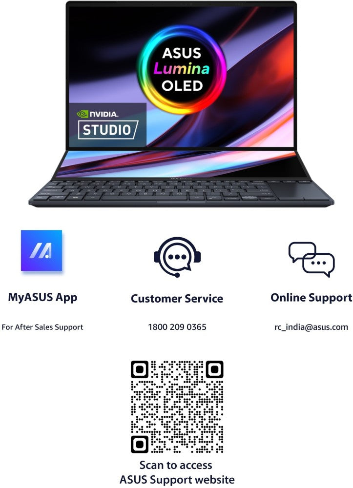 Asus Zenbook Pro 14 Duo OLED (2023) 76WHr बैटरी के साथ Intel H-सीरीज़ Core i9 13th Gen - (32GB/1 TB SSD/Windows 11 Home/6 GB ग्राफ़िक्स/NVIDIA GeForce RTX 4050/120 Hz) UX8402VU-MZ961WS गेमिंग लैपटॉप - 14.5 इंच, टेक ब्लैक, 1.75 किग्रा, एमएस ऑफिस के साथ