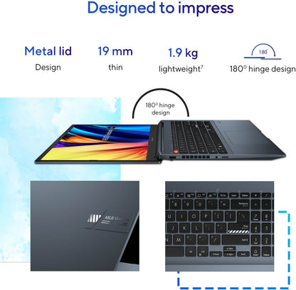 Asus Vivobook Pro 16 OLED (2023) 96WHr बैटरी के साथ Intel H-सीरीज़ Core i5 13th Gen - (16GB/512GB SSD/Windows 11 Home/6GB ग्राफ़िक्स/NVIDIA GeForce RTX 4050/120 Hz) K6602VU-LZ541WS क्रिएटर लैपटॉप - 16 इंच, शांत नीला, 1.90 किग्रा, एमएस ऑफिस के साथ