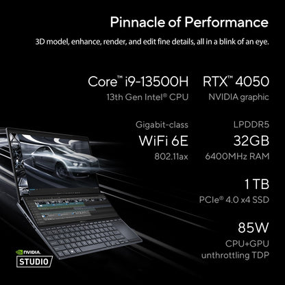 Asus Zenbook Pro 14 Duo OLED (2023) 76WHr बैटरी के साथ Intel H-सीरीज़ Core i9 13th Gen - (32GB/1 TB SSD/Windows 11 Home/6 GB ग्राफ़िक्स/NVIDIA GeForce RTX 4050/120 Hz) UX8402VU-MZ961WS गेमिंग लैपटॉप - 14.5 इंच, टेक ब्लैक, 1.75 किग्रा, एमएस ऑफिस के साथ