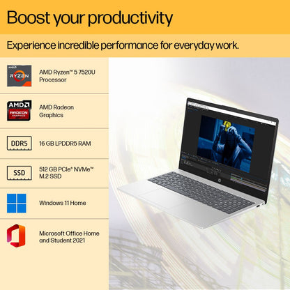 HP 15s (2023) Ryzen 5 क्वाड कोर 7520U - (16 GB/512 GB SSD/Windows 11 Home) 15-fc0030AU पतला और हल्का लैपटॉप - 15.6 इंच, नेचुरल सिल्वर, 1.75 किलोग्राम, MS ऑफिस के साथ