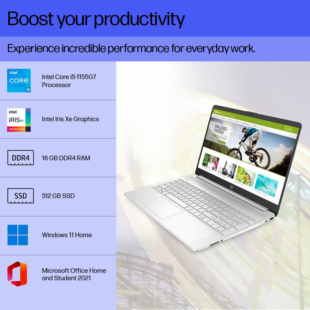 HP 15s (2023) Intel Core i5 11th Gen - (16 GB/512 GB SSD/Windows 11 Home) 15s-fr4001TU पतला और हल्का लैपटॉप - 15.6 इंच, नेचुरल सिल्वर, 1.69 किलोग्राम, MS ऑफिस के साथ