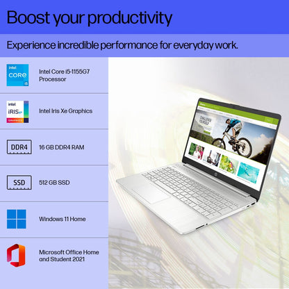 HP 15s (2023) Intel Core i5 11th Gen - (16 GB/512 GB SSD/Windows 11 Home) 15s-fr4001TU पतला और हल्का लैपटॉप - 15.6 इंच, नेचुरल सिल्वर, 1.69 किलोग्राम, MS ऑफिस के साथ