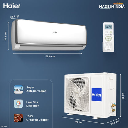 Haier Heavy Duty Turbo Cool Plus 2023 Model 1.6 Ton 3 Star Split Powerful cooling, Anti-bacterial filter, Cooling at Extreme Temperature, Self-Diagnosis AC  - White - HS19T-TXS3BE-FS/HU19-3BE-FS, Copper Condenser