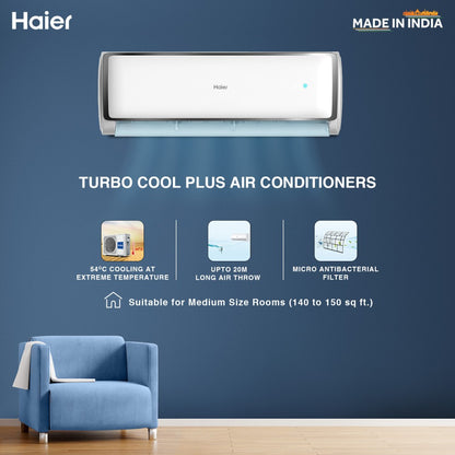 Haier Heavy Duty Turbo Cool Plus 2023 Model 1.6 Ton 3 Star Split Powerful cooling, Anti-bacterial filter, Cooling at Extreme Temperature, Self-Diagnosis AC  - White - HS19T-TXS3BE-FS/HU19-3BE-FS, Copper Condenser