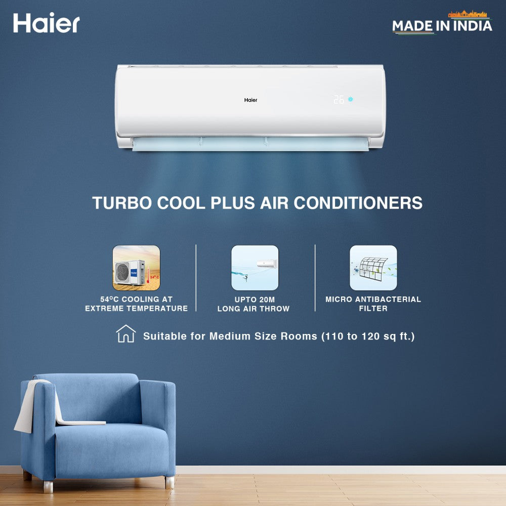 Haier Turbo Cool Plus 2023 Model 1 Ton 3 Star Split Extreme Temperature Cooling,Micro Antibacterial Filter, AC  - White - HSU13T-TQS3BE-FS/HS13T-TQS3BE-FS/HU13-3BE-FS, Copper Condenser