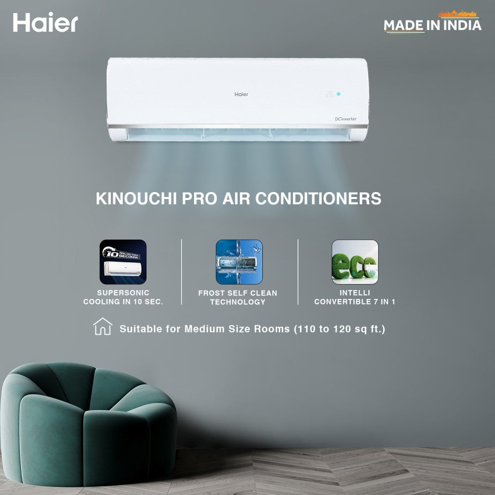 Haier Frost Self-Clean 2023 Model 1.5 Ton 3 Star Split Inverter Intelli Convertible 7-in-1, Cooling at Extreme Temperature AC  - White - HSU18K-PYS3BE1-INV, Copper Condenser