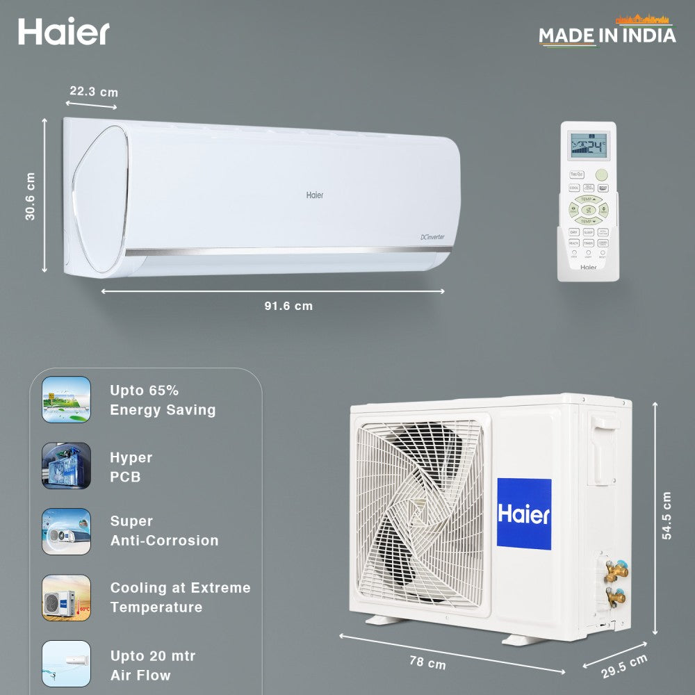 Haier Frost Self-Clean 2023 Model 1.5 Ton 5 Star Split Inverter Intelli Convertible 7-in-1, Cooling at Extreme Temperature AC  - White - HS18K-PYS5BE-INV/HU18-5BE-INV, Copper Condenser