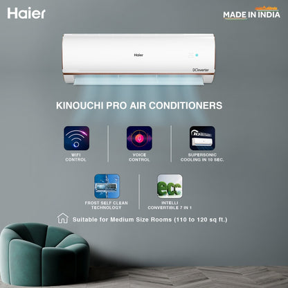 Haier Frost Self-Clean 2023 Model 1 Ton 3 Star Split Inverter Intelli smart, Intelli Convertible 7-in-1, Triple Inverter Plus Technology,Cooling at Extreme Temperature AC with Wi-fi Connect  - White - HS13K-PYFR3BE1-INV/HU13-3BE1-INV, Copper Condenser