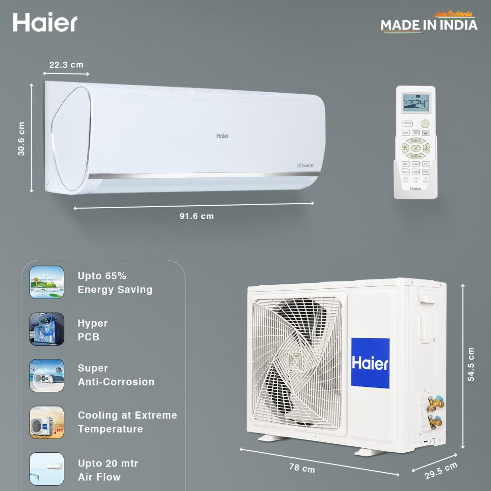 Haier Frost Self-Clean 2023 Model 1.5 Ton 3 Star Split Inverter Intelli Convertible 7-in-1, Cooling at Extreme Temperature AC  - White - HSU18K-PYS3BE1-INV, Copper Condenser