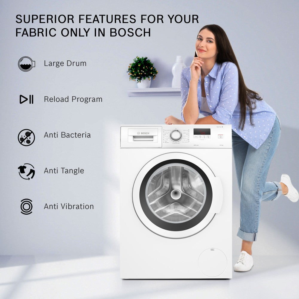 BOSCH 6 kg Drive Motor, Anti Tangle, Anti Vibration Fully Automatic Front Load Washing Machine with In-built Heater White - WLJ16061IN