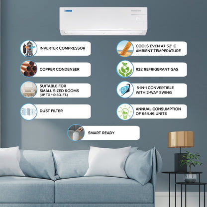 ब्लू स्टार कन्वर्टिबल 5 इन 1 कूलिंग 2023 मॉडल 0.9 टन 3 स्टार स्प्लिट इन्वर्टर मल्टी सेंसर, स्टेबलाइजर फ्री ऑपरेशन, सेल्फ डायग्नोसिस, डस्ट फिल्टर एसी - व्हाइट - IA311YNU, कॉपर कंडेंसर
