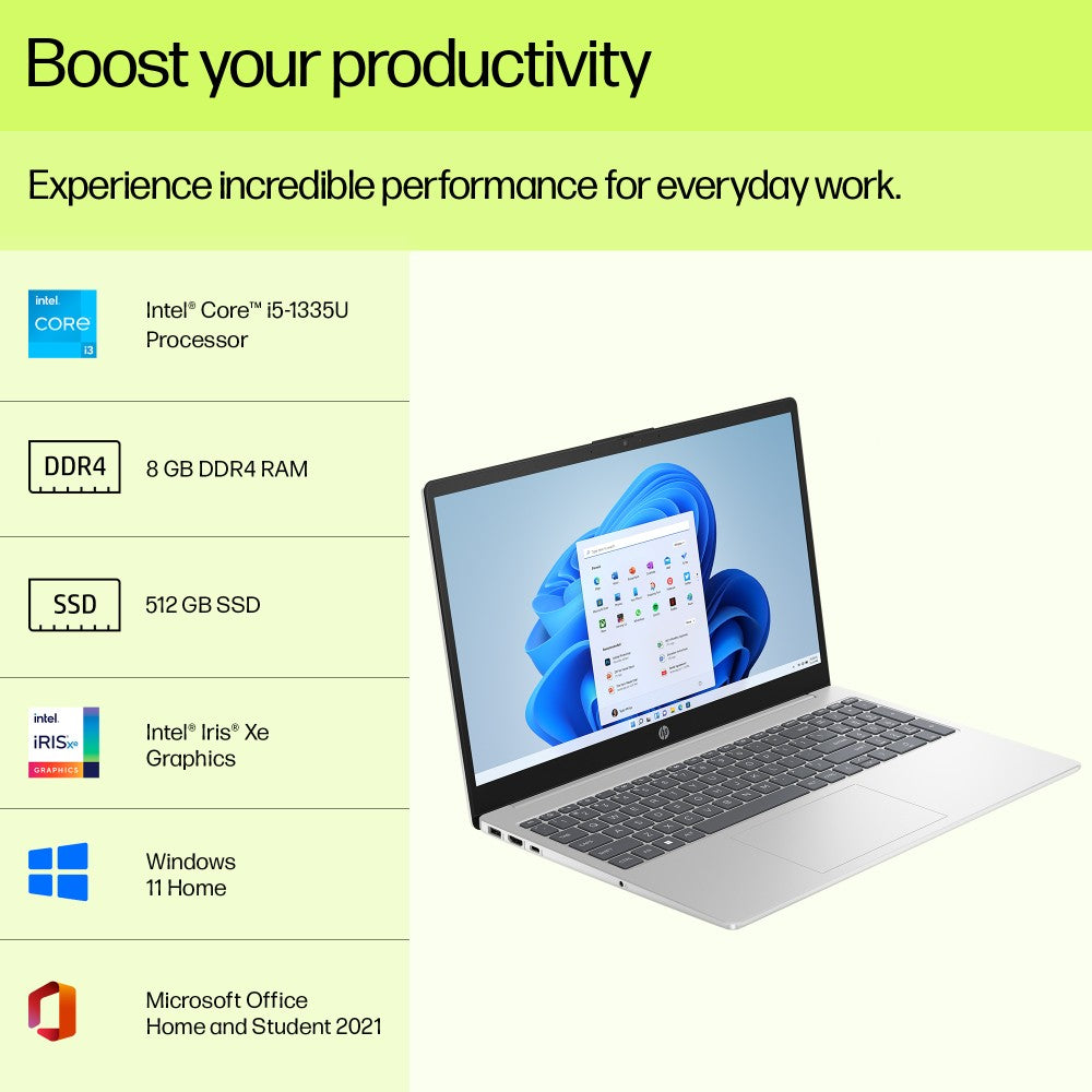 HP 15s (2023) Intel Core i5 13वीं जेनरेशन - (8GB/512GB SSD/Windows 11 Home) 15-fd0011TU पतला और हल्का लैपटॉप - 15.6 इंच, नेचुरल सिल्वर, 1.75 Kg, MS Office के साथ