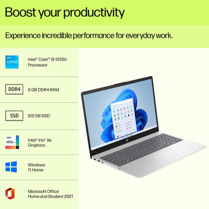 HP 15s (2023) Intel Core i5 13वीं जेनरेशन - (8GB/512GB SSD/Windows 11 Home) 15-fd0011TU पतला और हल्का लैपटॉप - 15.6 इंच, नेचुरल सिल्वर, 1.75 Kg, MS Office के साथ