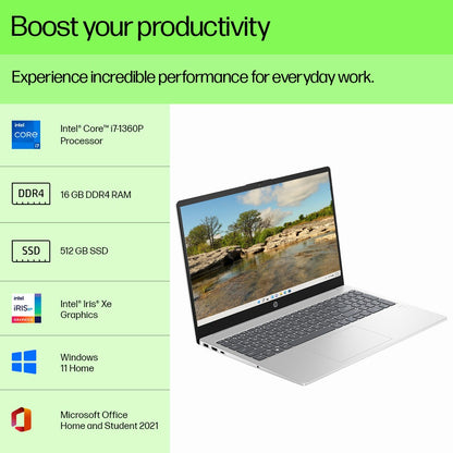 HP 15s (2023) Intel Core i7 13th Gen - (16 GB/512 GB SSD/Windows 11 Home) 15-fd0024TU पतला और हल्का लैपटॉप - 15.6 इंच, नेचुरल सिल्वर, 1.6 किलोग्राम, MS ऑफिस के साथ