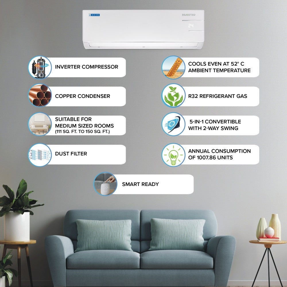 ब्लू स्टार कन्वर्टिबल 5 इन 1 कूलिंग 2023 मॉडल 1.5 टन 3 स्टार स्प्लिट इन्वर्टर मल्टी सेंसर, स्टेबलाइजर फ्री ऑपरेशन, सेल्फ डायग्नोसिस, डस्ट फिल्टर एसी - व्हाइट - IB318YKU, कॉपर कंडेंसर
